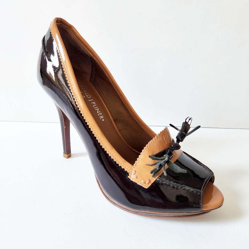 Donald J. Pliner Patent Peep Toe Tassel Heels